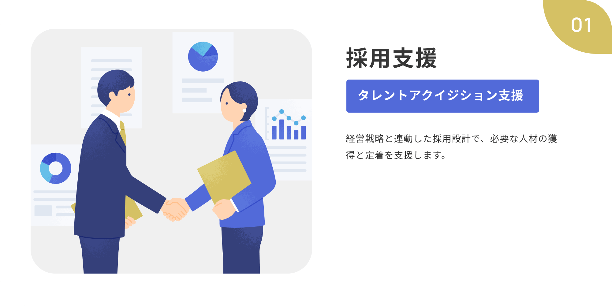01 採用支援 タレントアクイジション支援 経営戦略と連動した採用設計で、必要な人材の獲得と定着を支援します。